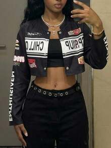 Fiercella Fiercella Women's Streetwear Motorcycle Letter Print Long Sleeve Cropped Jacket Fall Winter Cloth For Women - Black - View 1
