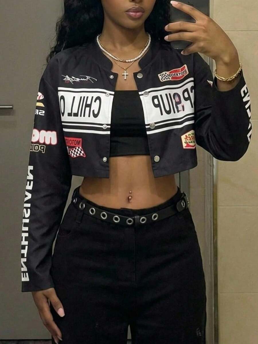 Fiercella Fiercella Women's Streetwear Motorcycle Letter Print Long Sleeve Cropped Jacket Fall Winter Cloth For Women - Black - View 1