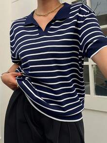 Dazy Plus Fun & Chic Commuter Colorblock Patchwork Polo Collar Casual Short Sleeve Plus Size Women Spring Summer Knit Top - Navy Blue - View 5