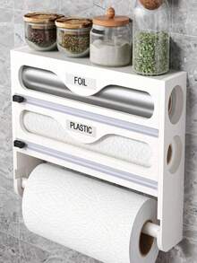 1 Roll Bamboo Cling Film Dispenser With Aluminum Foil Dispenser And Paper Towel Holder Space Saving Kitchen Wrap Organizer Rack For Kitchen Counter Drawer Back To School Season Durable Rust Proof Easy Cut Slider - Multicolor - View 13
