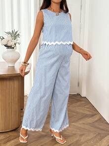 SHEIN Ensemble 2 pièces décontracté pour femme enceinte avec top rayé blocs de couleurs et pantalon long à taille ajustable pour le quotidien - Bleu et Blanc - Voir 6
