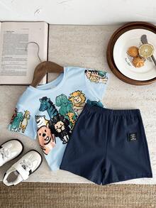 Young Boy Casual Simple, Cute Style, Cartoon Animal Print, Playful, Hand-Drawn, Cartoon Pattern Print Crew Neck Dropped Shoulder Loose Fit Knit Top Suitable For Spring And Summer - White - View 5