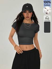 SHEIN PETITE Women's Sexy Solid Color Backless Cropped T-Shirt For Summer - Dark Grey - View 7