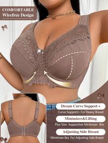 DesireSculpt 1pc Romantic Lace Patchwork Comfortable Adjustable Bra, Spaghetti Strap, Lift & Support, Underwire, Plus Size - Mocha Brown - View 4