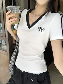 DAZY 蝴蝶結刺繡寬鬆短袖圓領女款T恤 - 白色 - 查看 7