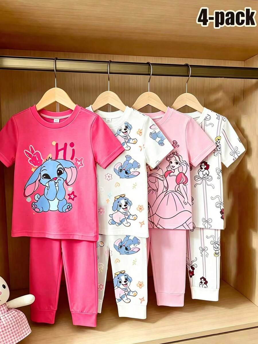 4pcs/Set Baby Girl Short Sleeve Long Pants Pink & White Knit Round Neck Rabbit & Puppy Cartoon Pattern Cute Fitted Casual Minimalist Comfortable Soft High Elasticity Loungewear Summer - Hot Pink - View 1