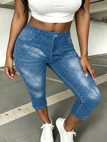 INAWLY Plus Size Women Denim Effect Print Pocket Capri Leggings - Black - View 3
