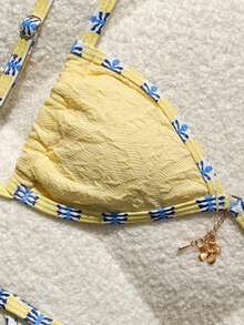 Swim Mod Women's Special Fabric Patchwork Yellow Trim Triangle Cup Adjustable Shoulder Strap Accessory Decor Two-Piece Swimsuit Set Beach Vacation Tropical - Light Yellow - View 4