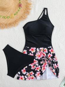 Swim Lushoire 2025 Women's New One-Shoulder Soft Color-Block Slimming 2-Piece Separates Swimsuit - Black - View 3