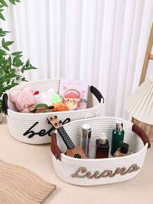 Customized 1pc Handwoven Rope Storage Basket, Suitable For Bathroom, Bedroom, Living Room, Pets Toys, Valentine's Day, Wedding, Home Decor, Halloween, Back To School Student Storage Box,Home Refresh,Customized Storage Basket,Easy Comfort,Home & Living,Christmas Home Atmosphere,Souvenirs,Reusable,Adorable,High-Quality,Elegant Living - White - View 4