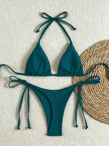 Oceva Women's Beach Vacation Rhinestone Decor Halter Neck Tie Back Sexy Thong Bikini Set - Teal Blue - View 2