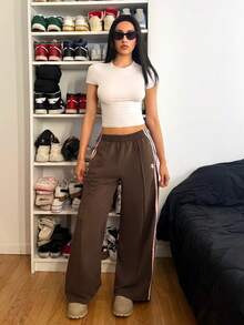 Muchica Patchwork Striped Elastic Waist Brown Checkered Knit Wide Leg Sweatpants Daily Summer Sporty - Multicolor - View 3