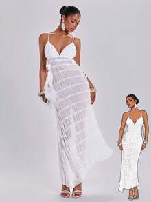 ROMWE Y2K Spring Summer Vacation Romantic Sexy White Ruched Fabric Spaghetti Strap Long Dress - White - View 8