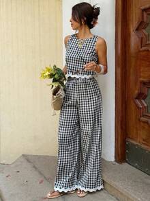 Serisse Women's Vacation Plaid Round Neck Tank Top And Pants Casual European Two Pieces Set Vacation Black Gingham Summer - Black and White - View 6