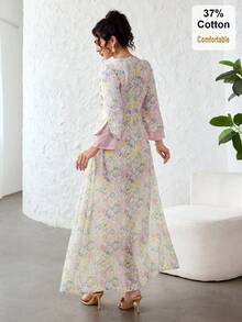 SHEIN Najma Đầm xòe bằng chiffon phối họa tiết hoa trang nhã, màu trơn, viền ren ở eo, khóa kéo, tay lỡ 3/4, chất liệu vải patchwork, dành cho nữ. - Nhiều màu - Xem 2