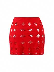 Swim Oasis Hollow Out Solid Color Round Neck Women's Belt Set Premium - Red - View 6