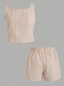SHEIN Tween Girl Matching Casual Minimalist Comfortable V-Neck Button-Up Top And Shorts Set - Multicolor - View 2