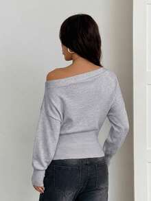 SHEIN PETITE Áo len nữ màu trơn cổ bất đối xứng, nhấn eo, dáng rộng, phong cách lãng mạn, mặc đi chơi mùa thu/đông - Xám - Xem 2