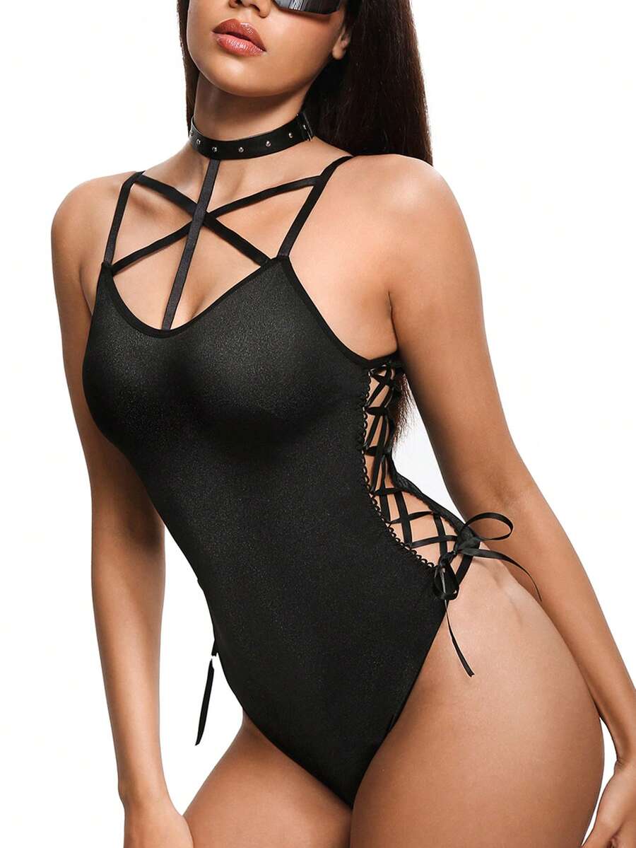 AltBold Women's Sexy Rock Punk Rivet Criss-Cross Halter Jumpsuit - Black - View 1