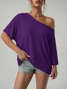SHEIN ICON American Street Casual Style Asymmetrical Shoulder Loose Fit T-Shirt Solid Black - Purple - View 5