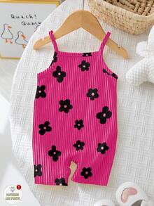 [Random 5pcs, Send 1pc]Vintage Sweet Rose Red Mini Floral Print Pattern Baby Girl Casual Camisole Romper Shorts Suitable For Spring And Summer - Multicolor - View 5