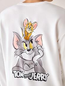 Strevion TOM & JERRY 男士休闲汤姆和杰瑞字母印花圆领长袖卫衣，春秋季 - 白色 - 查看 3