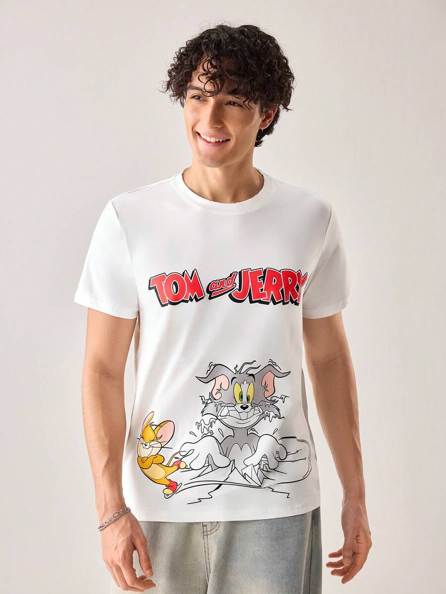 Strevion TOM & JERRY 男士极简主义汤姆掉进冰洞图案印花圆领短袖T恤,夏季 - 白色 - 查看 1