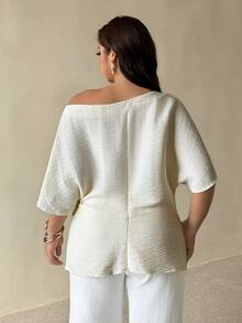 Auralis Áo blouse mặc kiểu pullover dáng ôm tôn dáng, eo xếp ly bất đối xứng, tay cánh dơi, vai lệch, phong cách tối giản đa năng cho mùa xuân/hè, size lớn, đi làm - Màu be - Xem 3