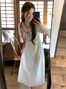 DAZY 女款波點優雅派對花瓣袖洋裝，韓系夏季風格 - 白色 - 查看 7