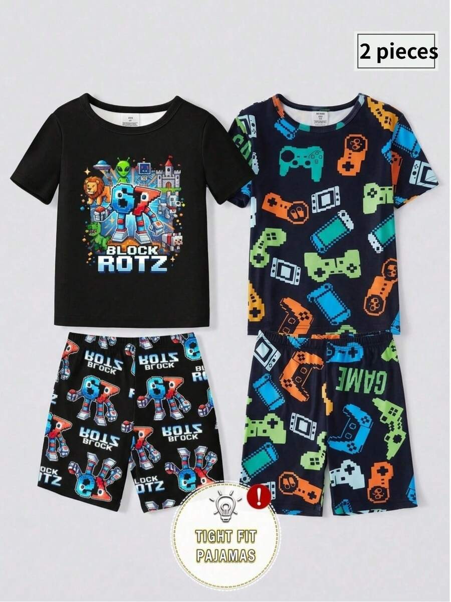 Teen Boys Slim Fit Loungewear Set, Crew Neck Short Sleeve T-Shirt And Shorts With Game Console Pixel Print, Made Of High Elastic Comfortable Fabric, Casual Home Gaming Wear For Spring And Summer - Multicolor - View 1