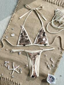 Swim Vcay Sexy Sequin Two-Piece Bikini Swimsuit For Vacation Beach - Gold - View 2