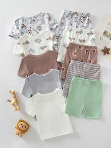 [5 Set, Dikirim Acak 2 Set] Piyama Bayi Laki-laki Musim Semi/Panas Leher Bulat Motif Singa Lucu, Zebra, Jerapah, Hewan Kebun Binatang, Desain Pola Cetak Digital Blok Warna, Terlaris, Lembut, Ramah Kulit, Ketat, Lengan Pendek, Celana Pendek, 2 Potong, Pakaian Rumah - MultiWarna - View 2