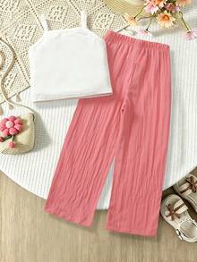 SHEIN Elladie kids 2件組少女款柔軟可愛活力風白色無袖背心上衣與粉色百褶寬腿褲套裝，胸前3D花朵裝飾，適合日常穿著、週末出遊、家庭活動、返校，春夏季適用 - 粉色 - 查看 3