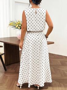 Lounesse Plus Size 2-Piece Set Women's Polka Dot Design 2-Piece Set Daily Commute Vacation Plus Size Polka Dot Dress Sleeveless Top Plus Skirt 2-Piece Set - Black and White - View 2
