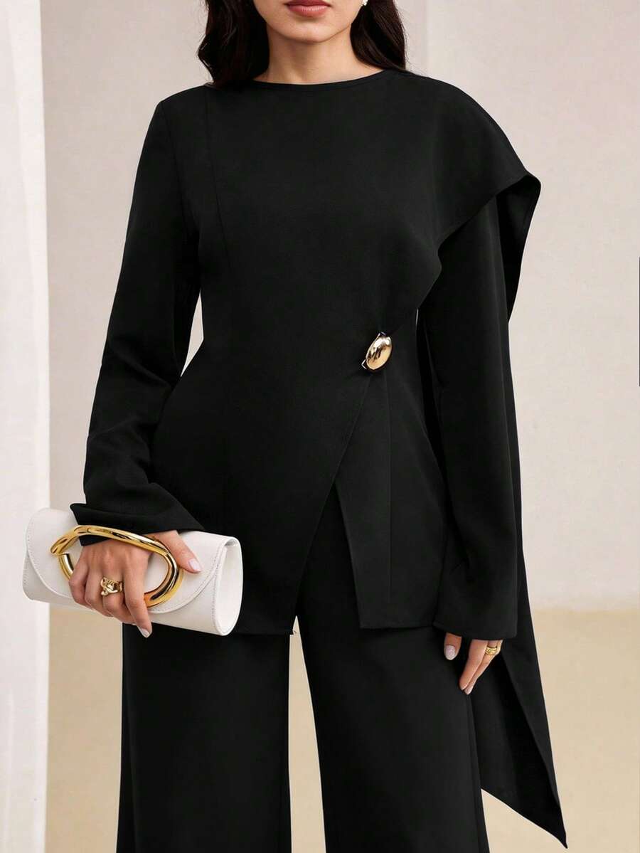 Veilorie Plus Size 2 Pieces Set Elegant Solid Color Metal Decor Shawl Ribbon Design Top And Long Pants Fall - Black - View 1