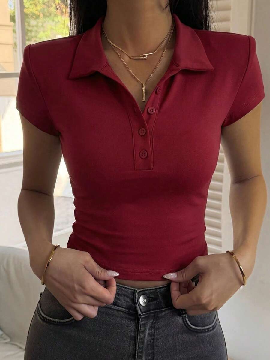 DAZY 女款領口短袖修身性感休閒套頭街頭風T恤 夏季 - 紅色 - 查看 1