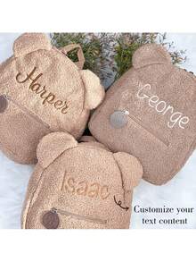 Teddy Bear Toddler Backpack, Custom Name Embroidered Kids Bag, Plush Back To School Winter Gift, Toddler Daycare Bag, Preschool Book Bag - Apricot - View 3