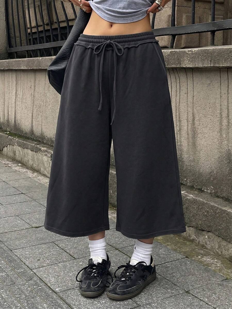 Coolane 女士春夏街头风复古水洗做旧舒适牛仔效果黑色短裤 - 深灰色 - 查看 1