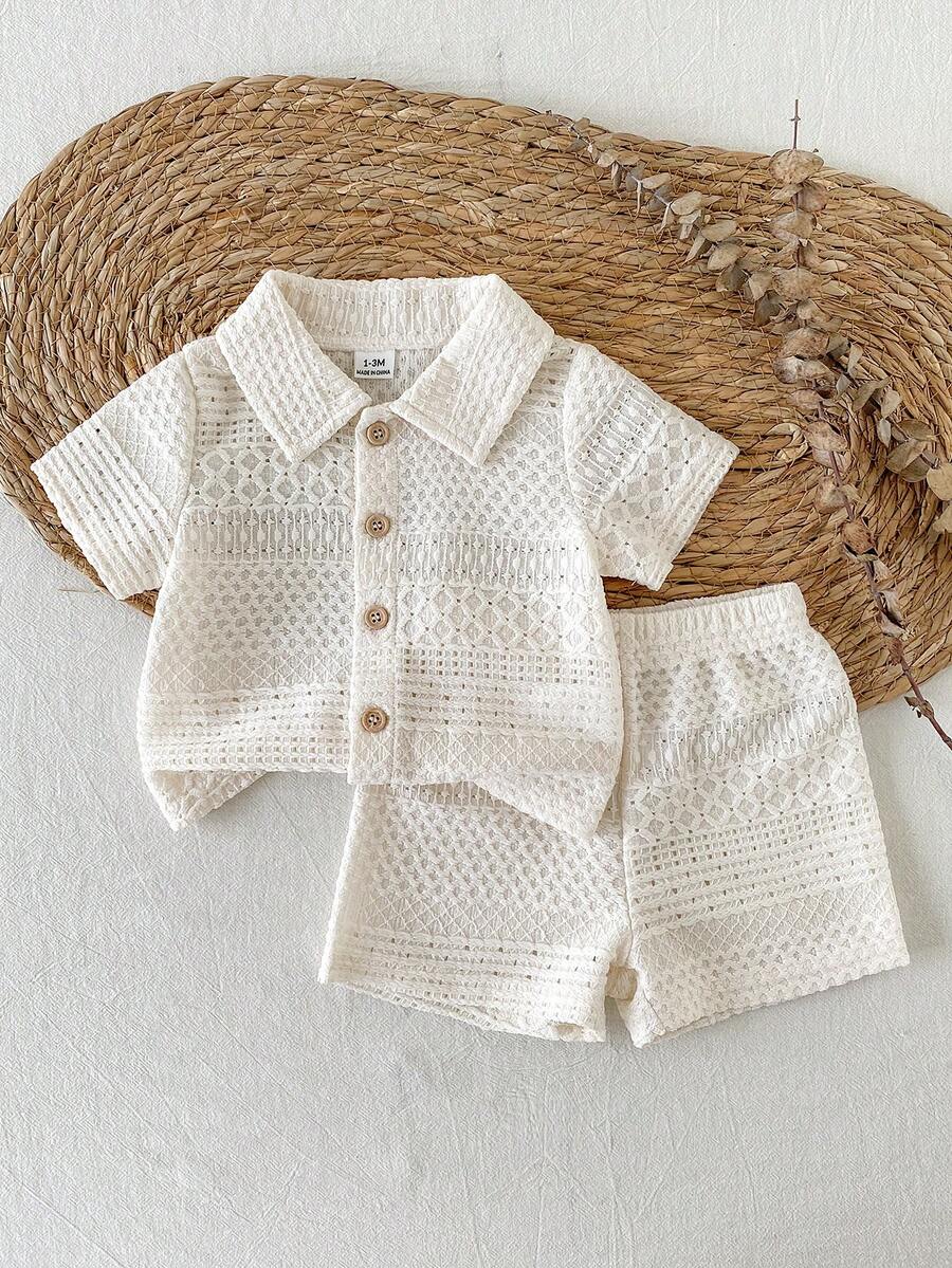 SHEIN Vintaside Kids 新生兒夏季領口短袖簡約時尚休閒針織提花上衣搭配百搭休閒短褲套裝,適合日常休閒散步與度假 - 杏色 - 查看 1
