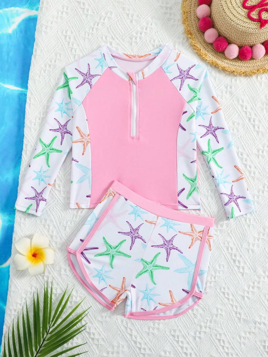 SHEIN 少女坦基尼比基尼吊帶泳衣套裝,淺粉色對比色海星印花,高彈性親膚防曬面料,柔軟光滑,兩件組含前開拉鍊長袖防曬上衣與同款印花平口泳褲,清新海洋風,適合少女游泳、海邊度假、夏季泳池玩水、時尚休閒、精緻,適用於游泳、暑假、海灘、海濱、泳池、夏季假期派對、休閒度假 - 淺粉色 - 查看 1