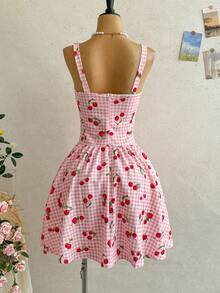 Soleia Women's Vacation Cherry Print Mini Dress Vacation Pink And White Plaid Summer Cute Cottagecore,No Breast Pads Picnic Vacation - Multicolor - View 2