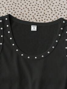 SHEIN Teen Girls Tank Tops & Camis Summer New Black Ribbed Stud Decor U-Neck Slim Fit Vest - Black - View 4