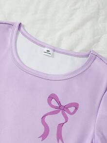 Girls' Sweet Cute Elegant Casual Daily Minimalist Fashion Soft Skin-Friendly Knit High-Stretch Tight Fabric Purple Bow Plaid Heart Cartoon Print Pattern Round Neck Short Sleeve Top With Shorts And Long Pants Pajama Set 3-Piece Loungewear Set - Purple - View 6
