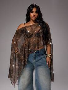 Rustia Plus Size Women's New Leopard Print Colorful Sequin Asymmetrical Shoulder Asymmetrical Hem Spring/Summer Cover-Up Shirt Cover Up Fall - Multicolor - View 6