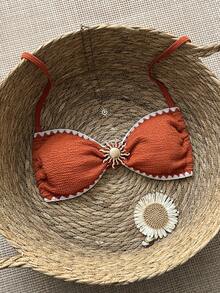 SHEIN Swim 橘色特殊面料上衣，純色太陽飾品，後背繫帶。適合節日、派對，可外穿 - 棕色 - 查看 1