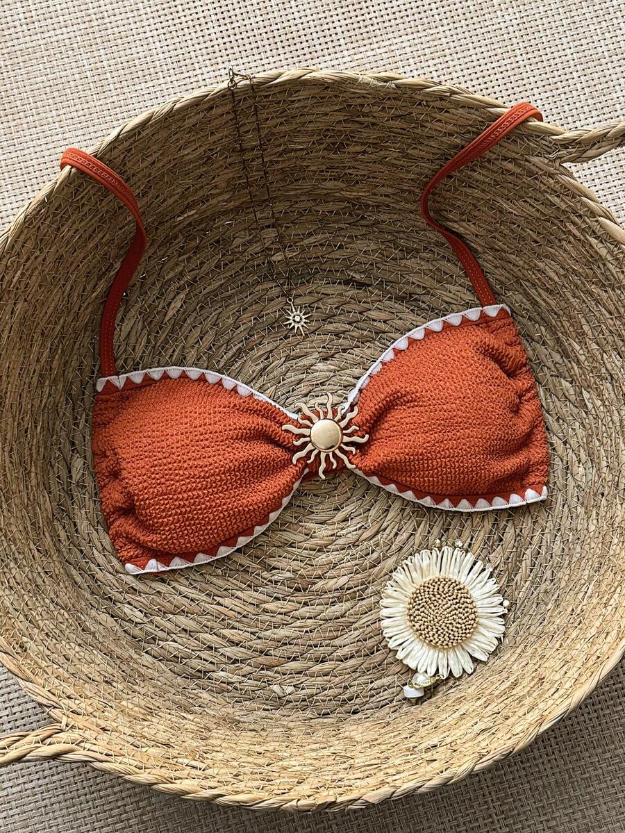 SHEIN Swim 橘色特殊面料上衣,純色太陽飾品,後背繫帶。適合節日、派對,可外穿 - 棕色 - 查看 1