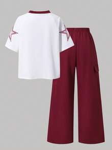 SHEIN Elladie kids 女童 (大童) T恤套裝，運動風粉色與深綠色拼色短袖T恤與短褲套裝，夏季寬鬆修身設計，輕量面料，適合日常出遊、休閒運動或穿搭 - 彩色 - 查看 2