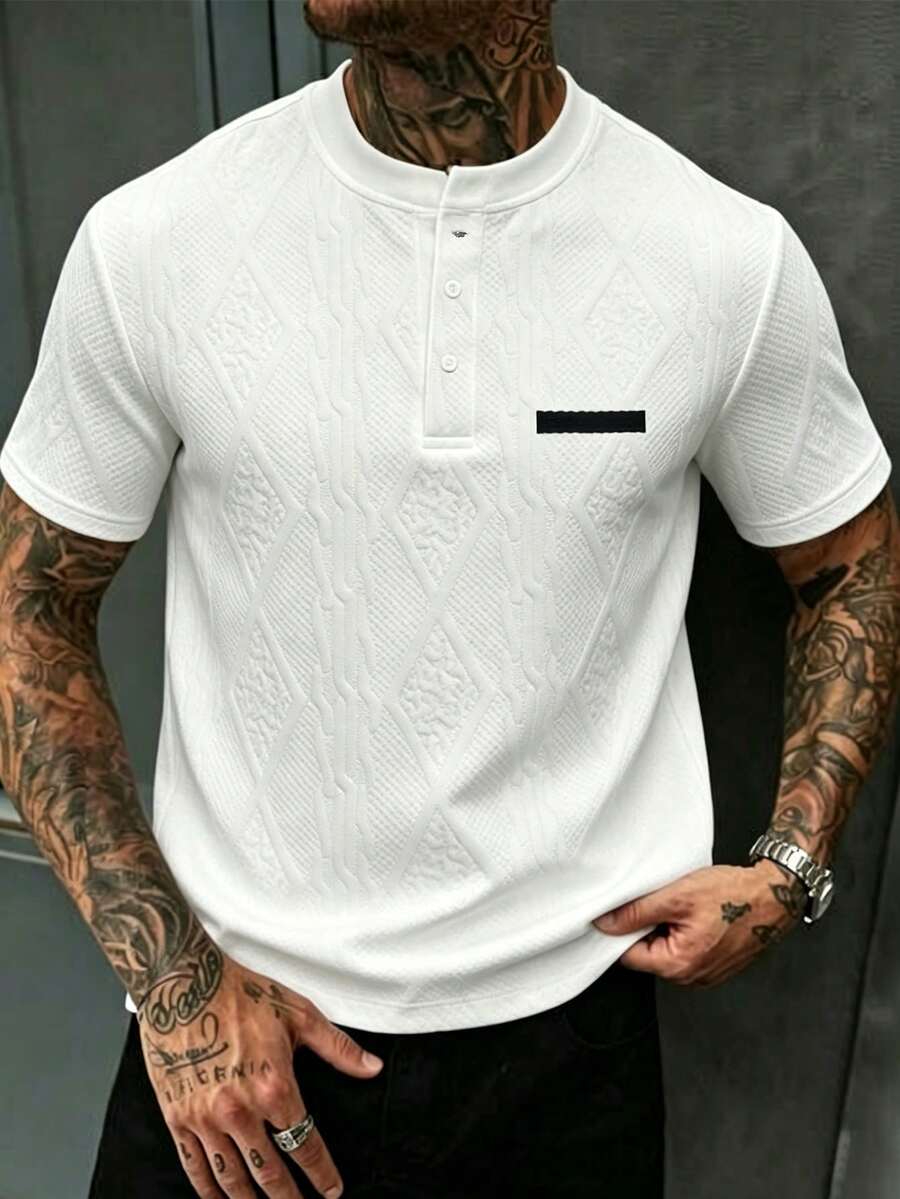 EGENSIO 男士大尺碼幾何紋理鈕扣 Polo 衫，度假風 - 白色 - 查看 1