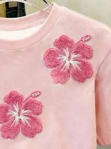Girls' Pink Short T-Shirt With All-Over Floral Print, Basic Versatile Casual Top For Daily Wear, Suitable For Outings And Street Style, Spring, Summer, Autumn - Multicolor - View 4