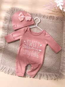 SHEIN 2件組新生女嬰攝影套裝 刺繡連身褲 蝴蝶結帽子 灰藍色 秋冬趣味圖案 親子款 婚禮公主風 0-3個月 - 藕粉色 - 查看 6